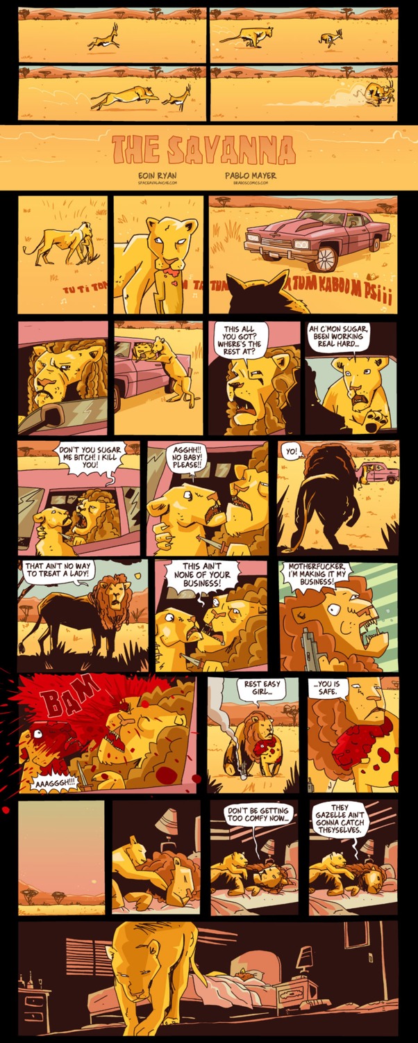 artist_collaboration blood bodily_fluids comic damn_nature_you_scary death dialogue duo e621 english_text eoin_ryan felid female feral gore group gun hi_res humor knife lion male mammal outside pablo_mayer pantherine pimp pimpin_aint_easy quadruped racism ranged_weapon savanna tail text weapon
