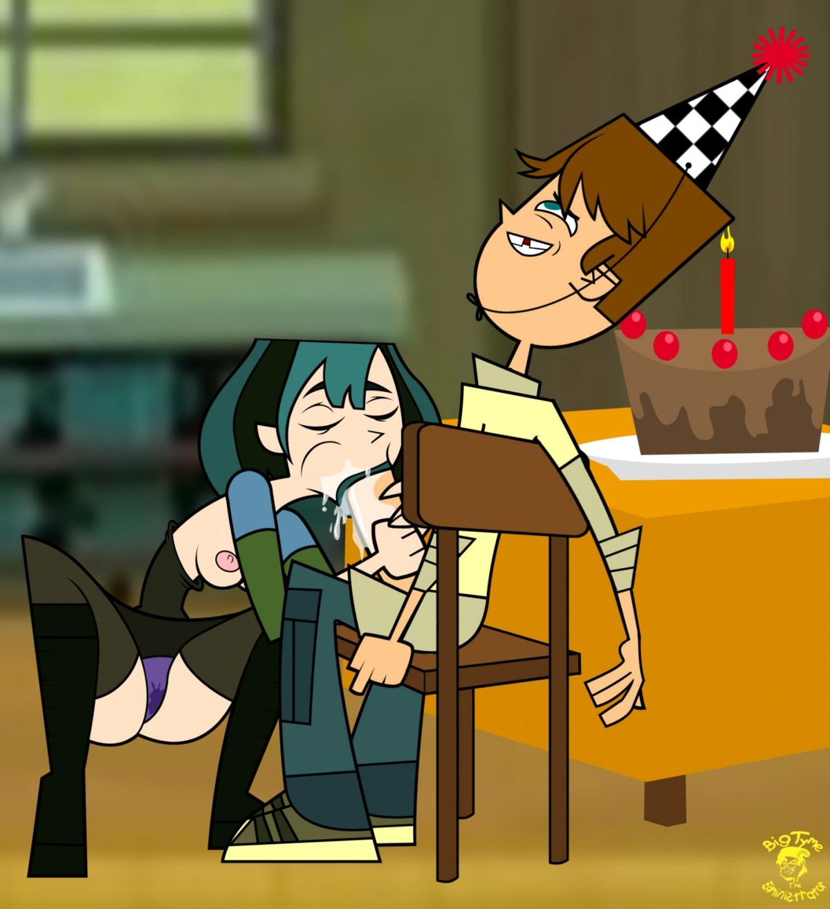 bigtyme birthday bk7socko breasts canon_panties cody_(tdi) fellatio female green_hair gwen_(tdi) oral panties purple_panties rule34 spread_legs squatting tagme thighhighs total_drama_island wet_panties