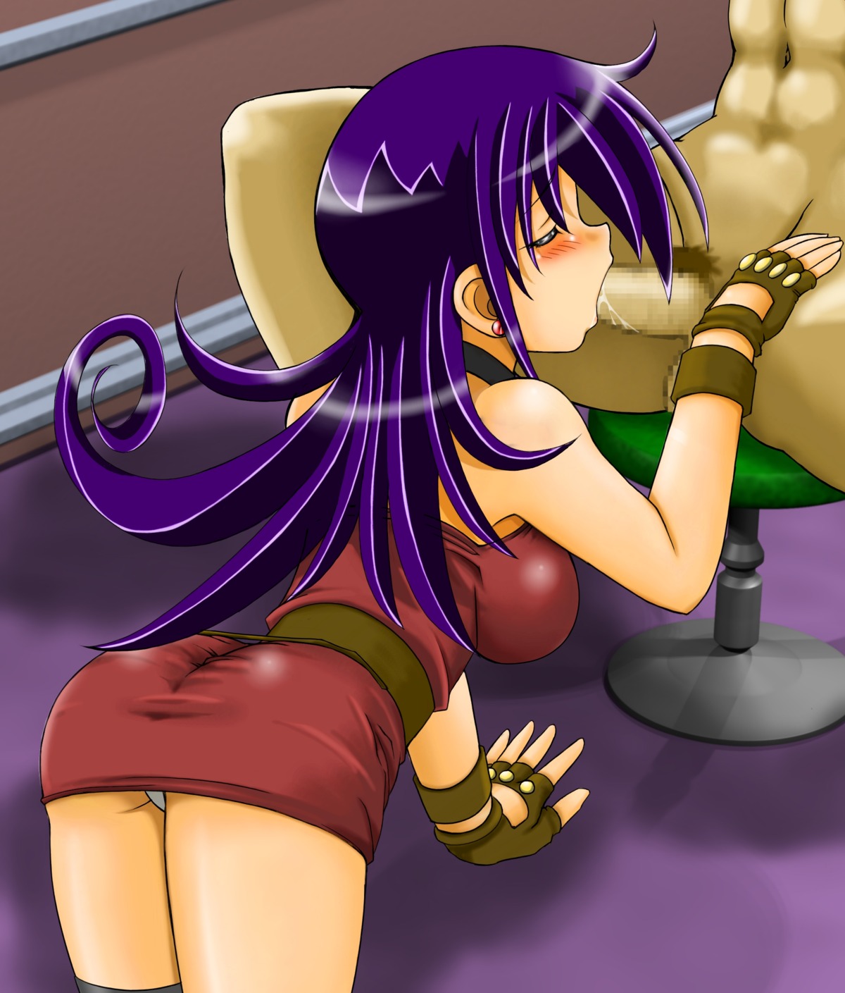 1boy 1girls age_difference blue_hair censored clothed_female_nude_male cryptobiosis duel_masters fellatio female indoors male mosaic_censoring purple_eyes purple_hair red_dress rule34 short_dress straight tagme tasogare_mimi tsumitani_daisuke
