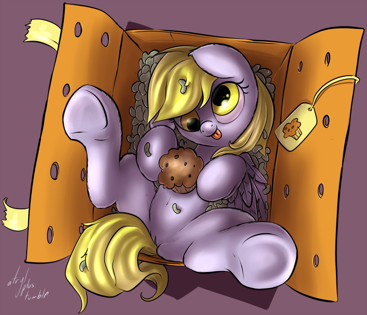 atryl bird's-eye_view box container derpy_hooves_(mlp) digital_media_(artwork) e621 equid equine feathered_wings feathers female feral food friendship_is_magic genitals grey_body grey_feathers hasbro high-angle_view if_it_fits_i_sits_(meme) in_box in_container mammal meme muffin my_little_pony mythological_creature mythological_equine mythology pegasus quadruped solo styrofoam tail vulva wings