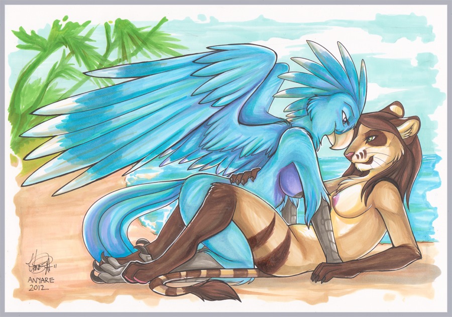 2012 4_toes all_fours anisodactyl anthro anyare anyare_(character) avian avian_feet beach beak bird blue_body blue_eyes blue_feathers blue_hair breasts brown_body brown_fur brown_hair claws cloud cloud_(amaterasu1) cockatoo detailed_background duo e621 eye_contact feather_hair feathered_wings feathers feet felid female female/female fur green_eyes hair hand_behind_back hybrid imminent_sex inner_ear_fluff interspecies liger lion looking_at_another lying macaw mammal marker_(artwork) markings multicolored_body multicolored_feathers multicolored_fur neotropical_parrot nipples nude on_back outside pantherine parrot predator/prey pseudo_hair purple_body purple_feathers ring_(marking) ringed_tail sand seaside side_view sky smile spix's_macaw striped_markings striped_tail stripes tail tail_feathers tail_markings tail_tuft tiger toe_claws toes traditional_media_(artwork) true_parrot tuft two_tone_body two_tone_fur water whiskers white_body white_feathers wings