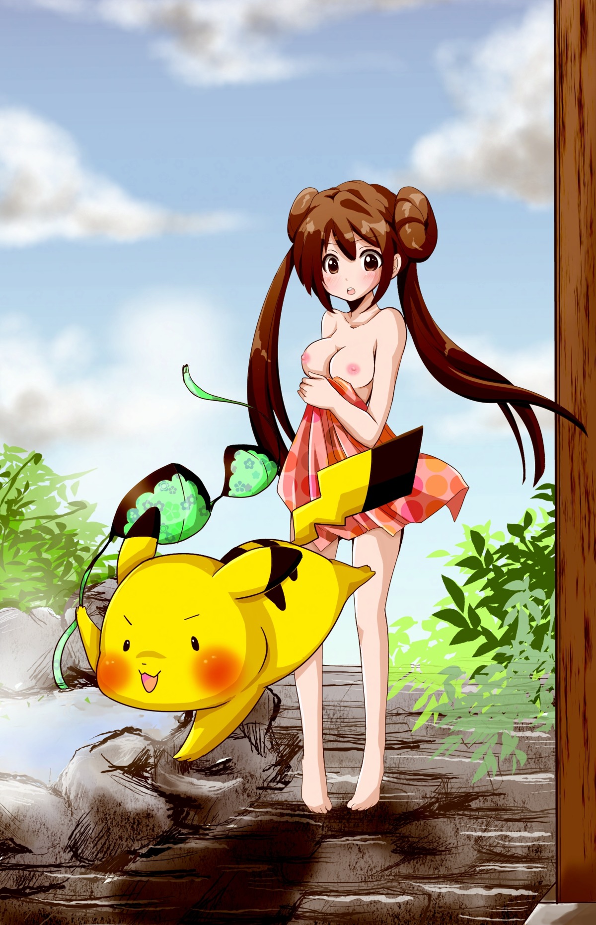 blush bra breasts brown_eyes brown_hair double_bun female high_resolution human mei_(pokemon) nintendo nipples pikachu pokemon pokemon_bw2 rosa_(pokemon) rule34 tonamw topless towel