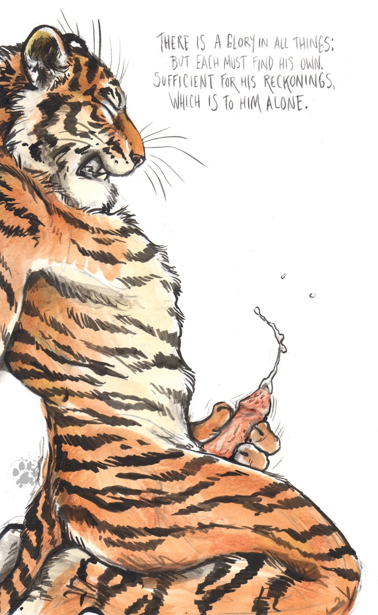 2012 anthro biped blotch bodily_fluids clenched_teeth cum cumshot e621 ejaculation english_text erection eyes_closed felid fur genital_fluids genitals hi_res kneeling male mammal masturbation orgasm orgasm_face pantherine penile penile_masturbation penile_spines penis scratches_volume_6 simple_background solo stripes teeth text tiger traditional_media_(artwork) whiskers white_background
