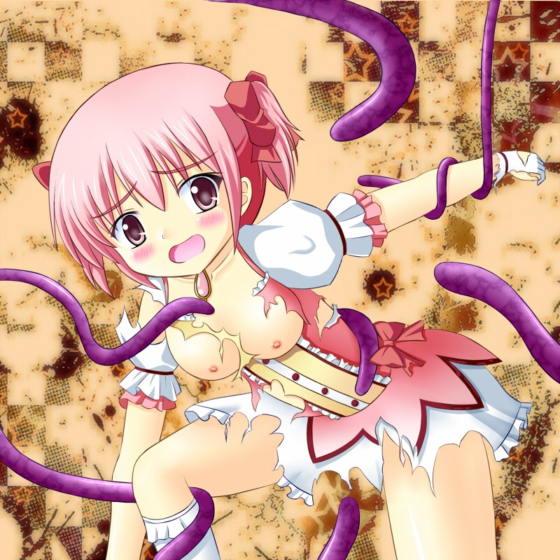 blush breasts female madoka_kaname mahou_shoujo_madoka_magica nipples rule34 tentacle torn_clothes