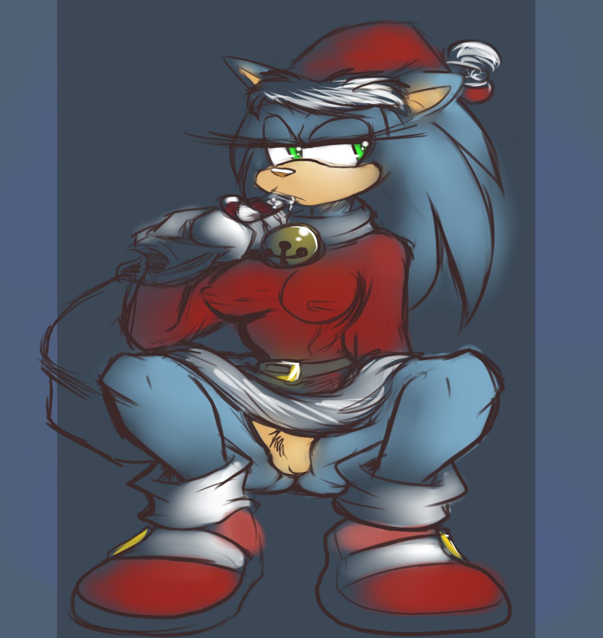 anthro beige_skin bell blue_fur blue_hair bottomless christmas clothes color female female_only footwear front_view fur furry furry_ears green_eyes hair hat hedgehog looking_left mel_the_hybrid open_eyes pointy_ears pussy rule34 rule_63 santa_hat shoes solo sonic_(series) sonic_the_hedgehog sonic_the_hedgehog_(series) squatting sucking vulva