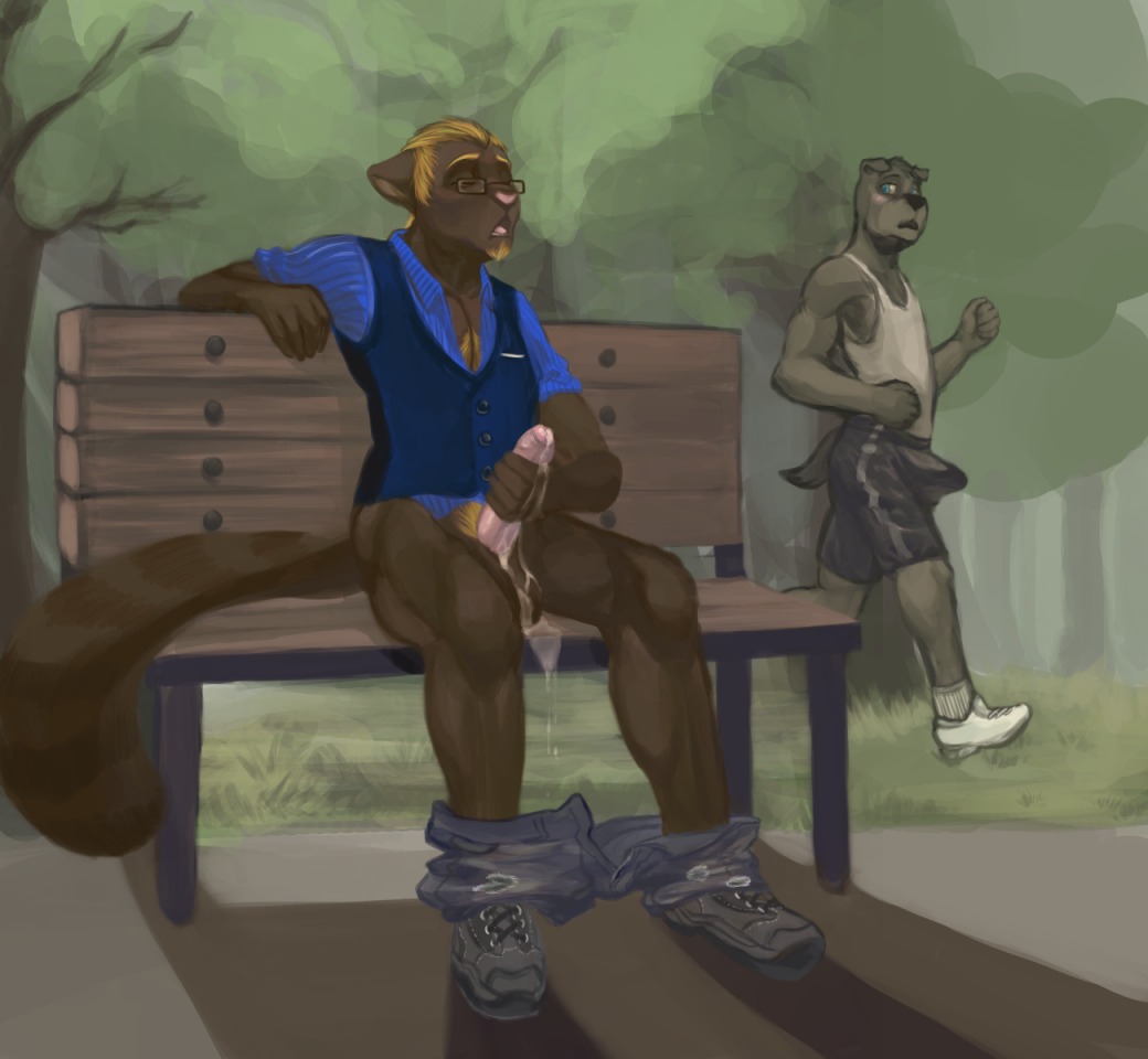 2014 anthro bench black_body black_fur black_nose blonde_hair blue_eyes bodily_fluids bottomless bottomwear bulge canid canine canis clothed clothing domestic_dog duo e621 elderly erection erection_under_clothing exhibitionism eyewear facial_hair foreskin fur genital_fluids genitals glasses grey_body grey_fur hair humanoid_genitalia humanoid_penis k-ho male male/male mammal masturbation on_bench onyx_wasson open_mouth outside park partially_retracted_foreskin penile penile_masturbation penis pink_nose precum public public_masturbation raccoon_dog shirt shorts suit tanuki tenting topwear voyeur