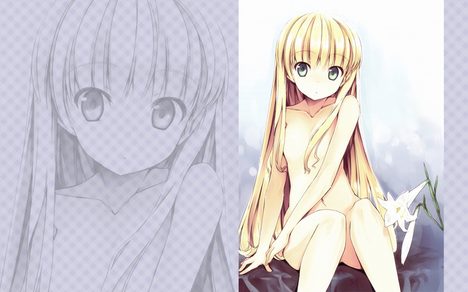 blonde_hair censored convenient_censoring female flower gosick green_eyes highres lily_(flower) long_hair looking_at_viewer mizoguchi_keiji navel nude rule34 sitting solo victorique_de_blois wallpaper zoom_layer