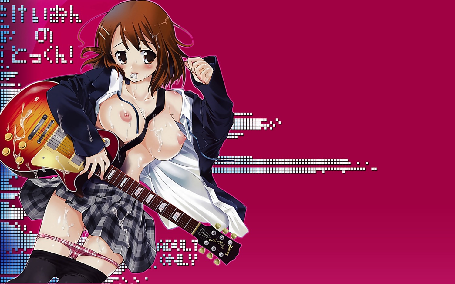 breasts bukkake condom condom_in_mouth cum cum_on_body cum_on_breasts cum_on_upper_body female female_only guitar highres human human_only instrument k-on! mouth_hold open_clothes panties panty_pull rule34 solo underwear wallpaper wallpaper_for_the_brave yui_hirasawa_(k-on!)