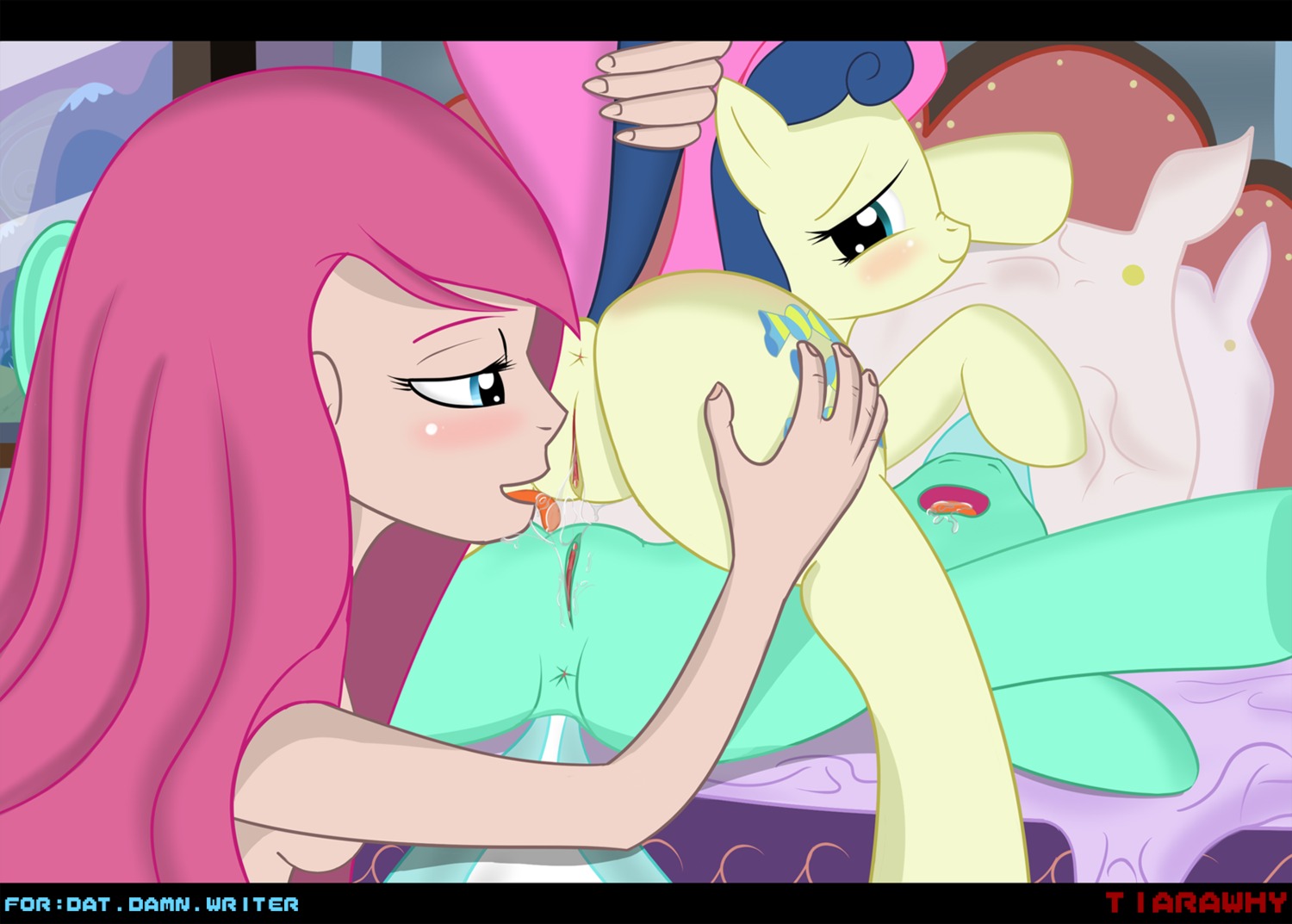 alternate_species anus bed bestiality blue_eyes blush bodily_fluids bonbon_(mlp) breasts cunnilingus cutie_mark drooling e621 equid equine female female/female female_on_feral female_on_human feral friendship_is_magic furniture genital_fluids genitals group group_sex hair hand_on_butt hasbro hi_res horse human human_on_feral interspecies looking_back lying lyra_heartstrings_(mlp) mammal multicolored_hair my_little_pony on_back on_bed open_mouth oral pink_hair pony raised_tail rear_view saliva sex side_boob smile spread_legs spreading tail tail_grab threesome tiarawhy tongue tongue_out trio vaginal vaginal_fluid_string vaginal_fluids vulva