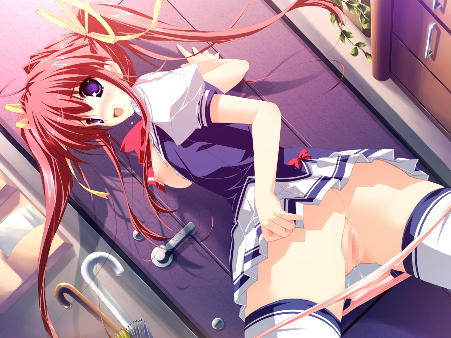 anus asakura_nanao blush bow breasts censored female game_cg highres lyrical_lyric mikeou open_clothes open_shirt panties panty_pull pink_panties pov purple_eyes pussy pussy_juice pussy_juice_trail red_hair ribbon ribbons rule34 school_uniform serafuku shirt skirt tears thighhighs tied_hair twintails umbrella underwear upskirt
