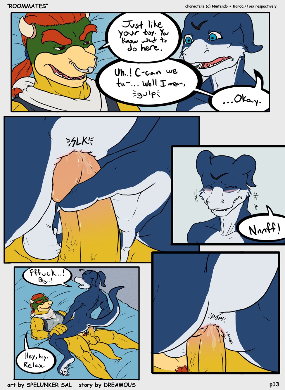 anal anthro anus balls bandai blush bowser_koopa_junior_(roommates) close-up comic couple digimon dreamous_(writer) duo feet flamedramon furry furry_only gay giancarlo_rosato hi_res horn koopa male male/male male_only mario_(series) muscles nintendo nude paws penis raised_tail roommates_(comic) rule34 scalie simple_background spelunker_sal straight_hair tail yaoi