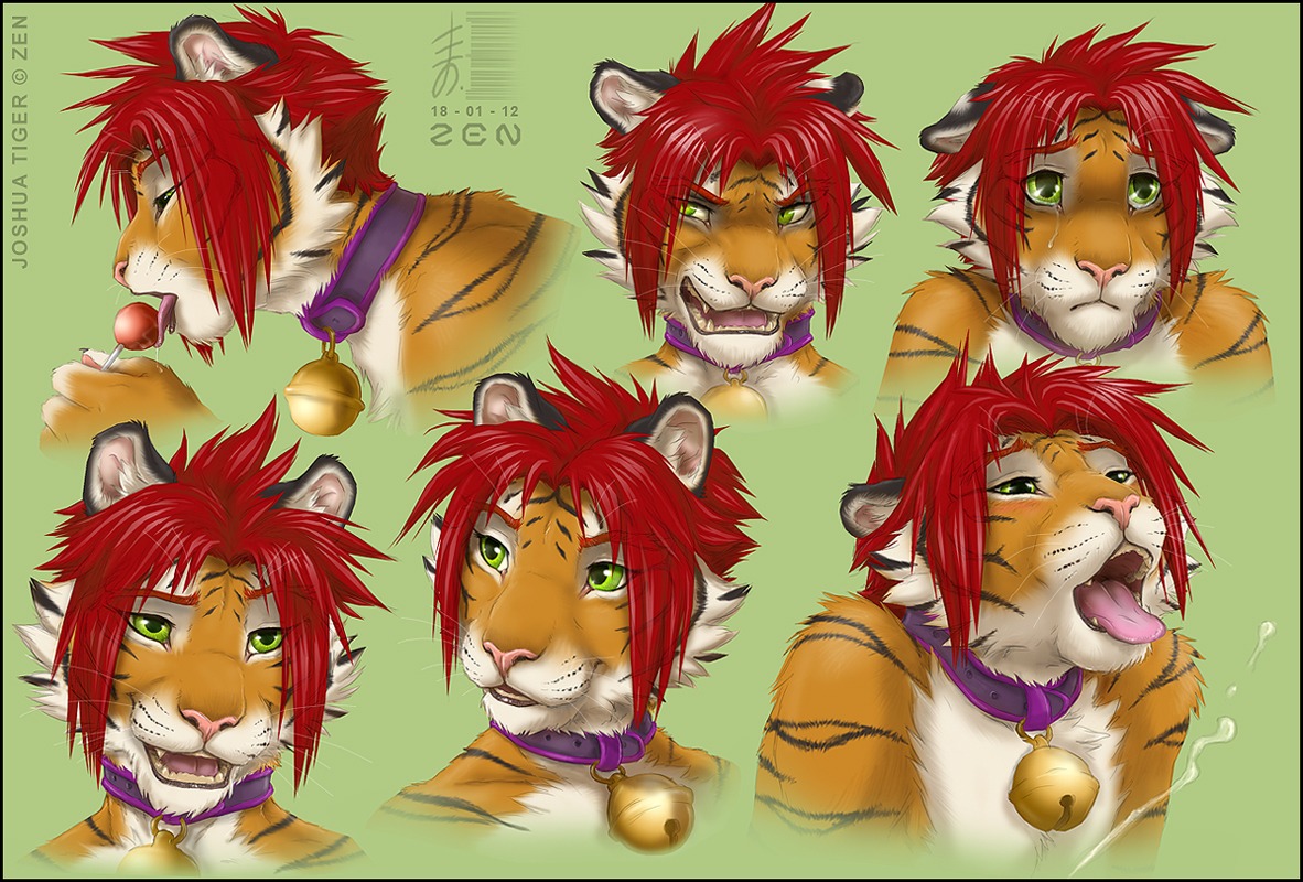 2012 anthro bell black_ears black_stripes blush bodily_fluids bust_portrait candy claws collar countershading crying cum cumshot dessert detailed detailed_fur digital_media_(artwork) e621 ejaculation felid fluffy food fur genital_fluids green_eyes hair headshot_portrait joshua_(zenthetiger) licking lollipop male mammal orange_body orange_fur orgasm pantherine pink_nose portrait red_hair short_hair simple_background solo stripes tears teeth text tiger tongue tongue_out whiskers zenthetiger