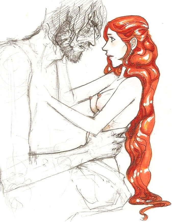 1boy 1girls 2d a_song_of_ice_and_fire areolae breasts eye_contact female game_of_thrones hedgehog-in-snow literature male monochrome nipples red_hair rule34 sandor_clegane sansa_stark sketch tagme