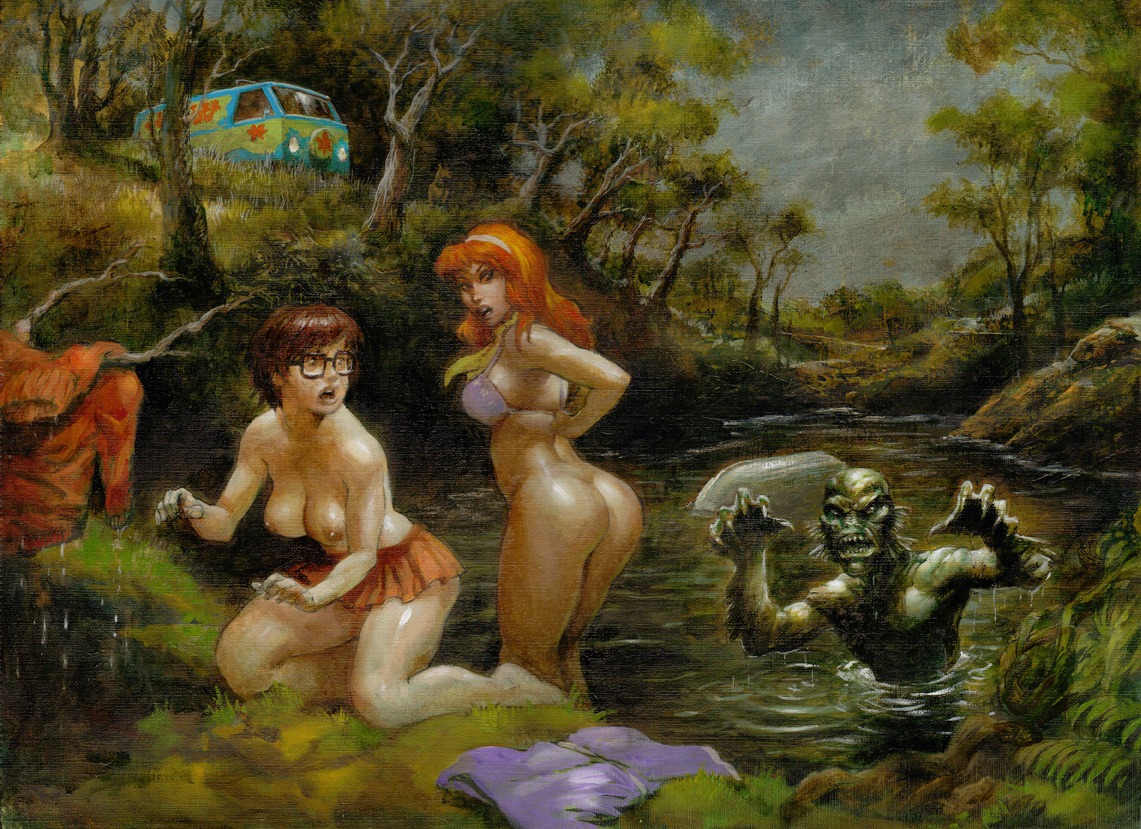 1boy 2girls anthro ass bra brian_leblanc clothing crossover daphne_blake female female_on_anthro fishman gill-man ginger ginger_hair glasses half-dressed half_dressed half_naked half_nude hanna-barbera human lake male monster multiple_females nipples nude nude_female orange_hair rule34 scared scarf scooby-doo skirt skirt_removed velma_dinkley water wet_clothes