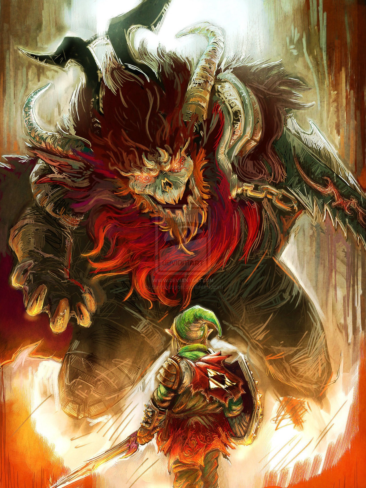 blonde_hair distracting_watermark duo e621 elf ganon hair herminghsuyen hi_res horn humanoid hylian link male monster nintendo red_hair the_legend_of_zelda watermark