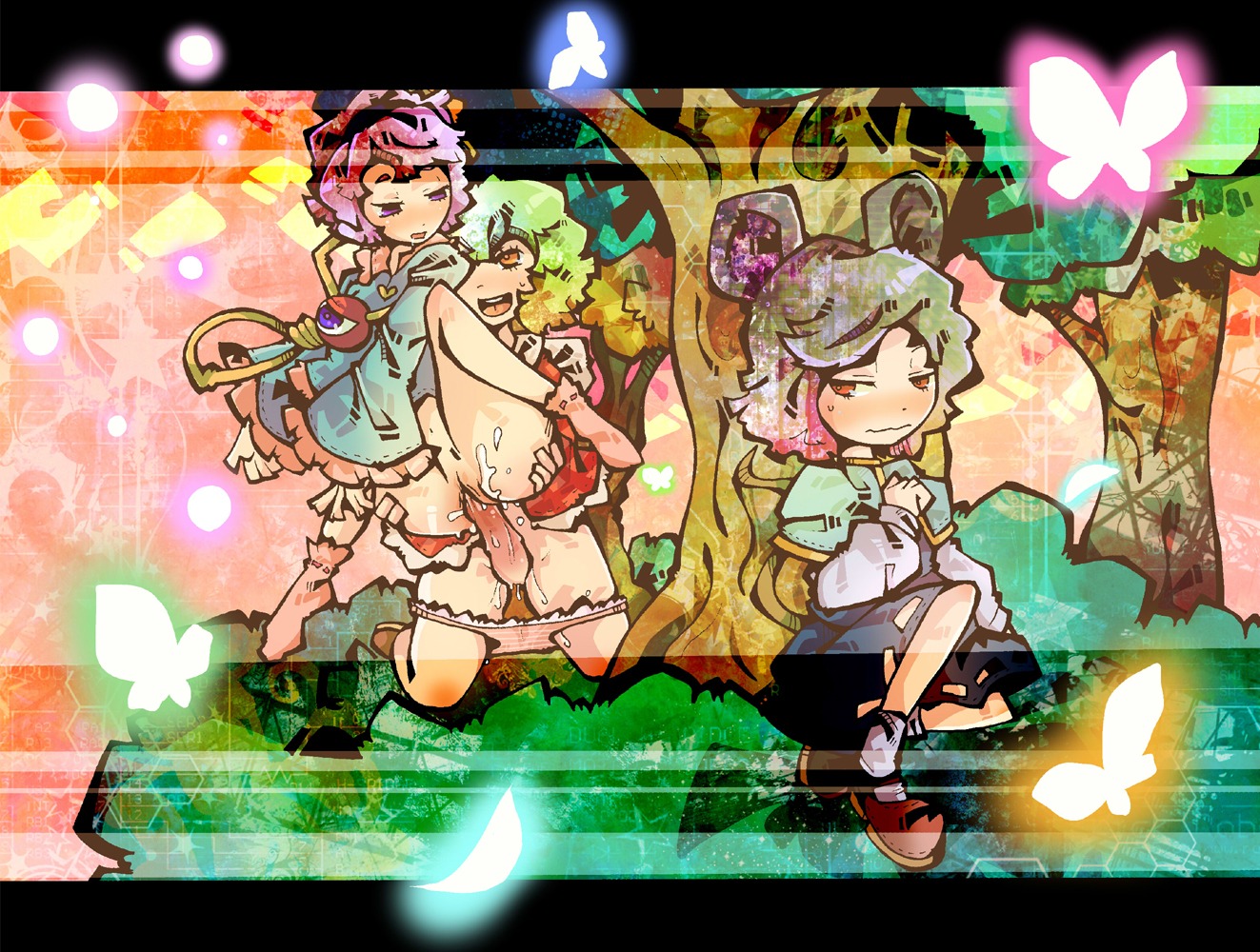 1futa 2girls butterfly female futanari glisten green_hair grey_hair intersex nazrin no_humans purple_eyes purple_hair pussy red_eyes rule34 satori_komeiji sex team_shanghai_alice touhou vaginal_penetration youkai yuka_kazami yuuka_kazami