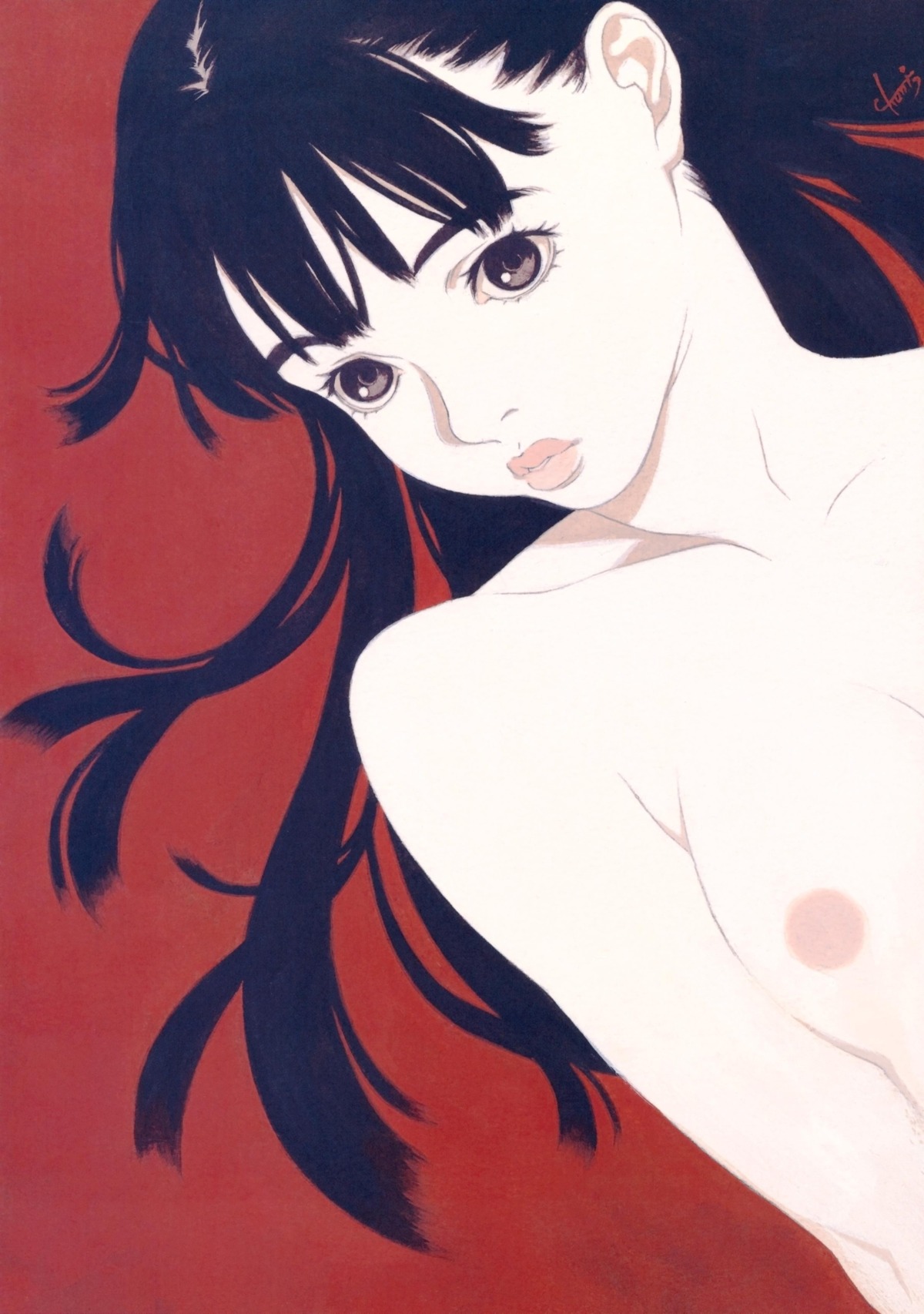 1girls black_eyes black_hair breasts bust female highres lips long_hair lying nipples nude on_back original rule34 solo tanaka_kunihiko topless