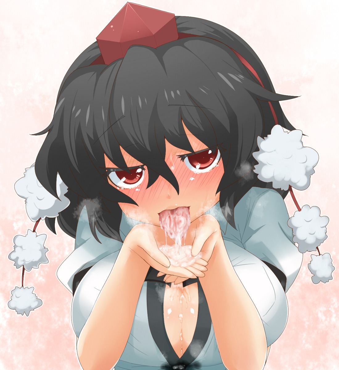 artist_request black_hair blush cum female hat highres red_eyes rule34 shameimaru_aya touhou