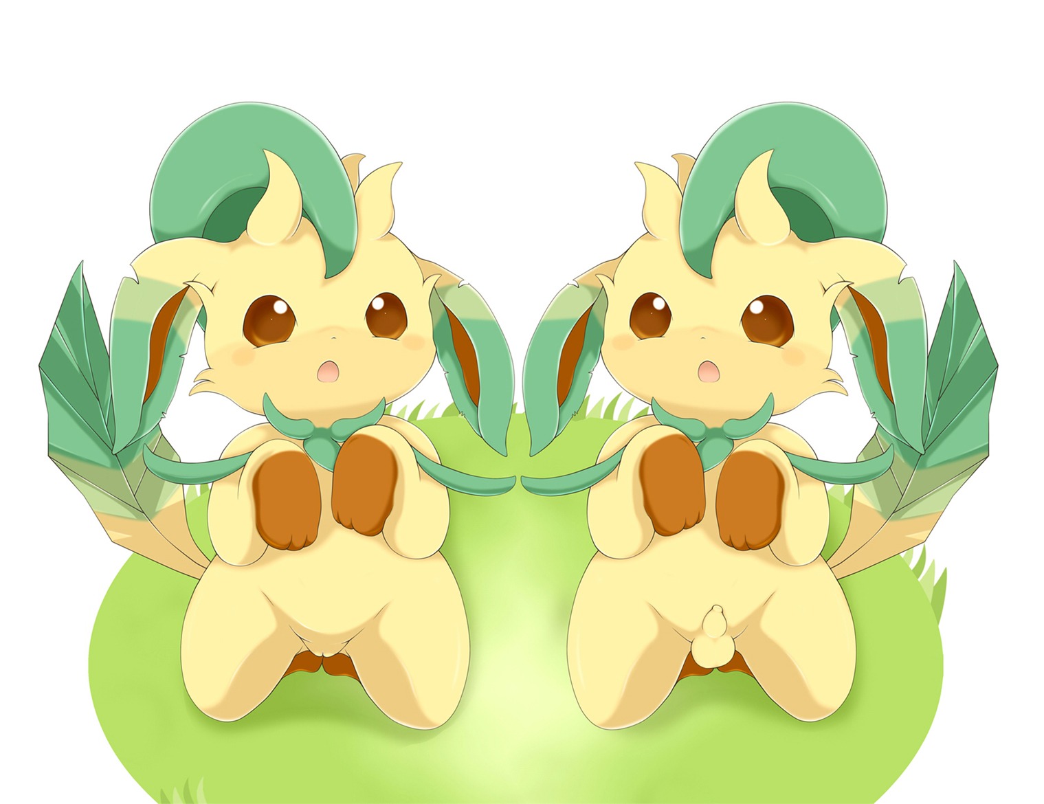 anthro balls begging begging_pose duo e621 eeveelution female foreskin generation_4_pokemon genitals kneeling leafeon looking_at_viewer male nintendo nude penis pokemon pokemon_(species) pose schnecken semi-anthro small_penis vulva young young_anthro