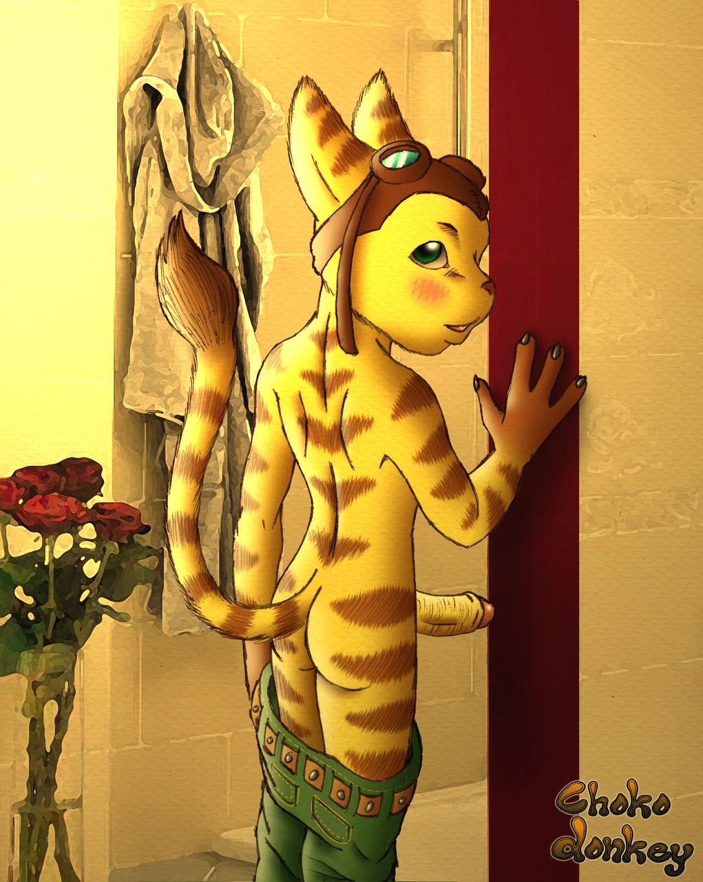 4_fingers anthro biped blush bottomwear bottomwear_down brown_nose butt chokodonkey claws clothed clothing conditional_dnp detailed_background e621 erection eyewear fingers flower fluffy fluffy_tail foreskin fur genitals goggles green_eyes headgear headwear hi_res humanoid_genitalia humanoid_penis lombax looking_at_viewer looking_back male mammal nude pants pants_down partially_clothed penis plant ratchet_(ratchet_and_clank) ratchet_and_clank rear_view retracted_foreskin rose_(flower) shower solo sony_corporation sony_interactive_entertainment standing stripes tail tail_tuft topless tuft yellow_body yellow_fur