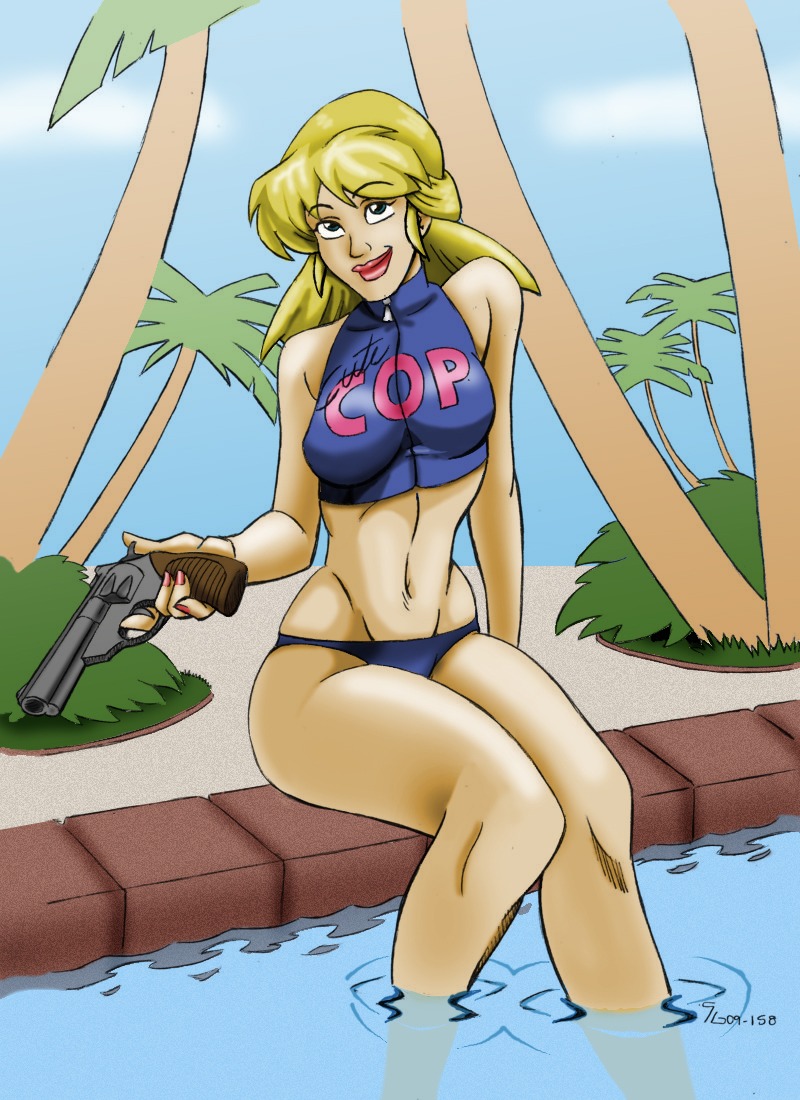 bonkers clothing dinguheado disney female female_only front_view holding_gun human miranda_wright outdoors pale_skin partially_submerged pool rule34 sitting smile solo tagme water