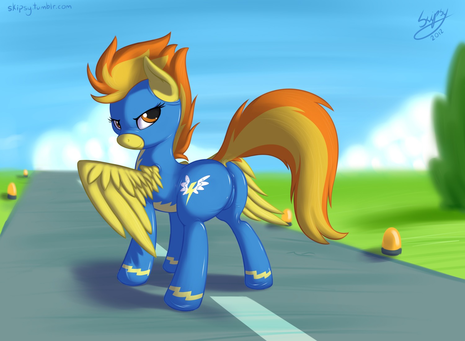 2012 amber_eyes anus anus_outline butt camel_toe clothing cloud e621 equid equine feathered_wings feathers female feral flight_suit friendship_is_magic grass hair hasbro hi_res looking_at_viewer looking_back mammal multicolored_hair my_little_pony mythological_creature mythological_equine mythology outside pegasus plant presenting presenting_hindquarters road skipsy sky solo spitfire_(mlp) tail tight_clothing two_tone_hair wings wonderbolts_(mlp) yellow_body yellow_feathers