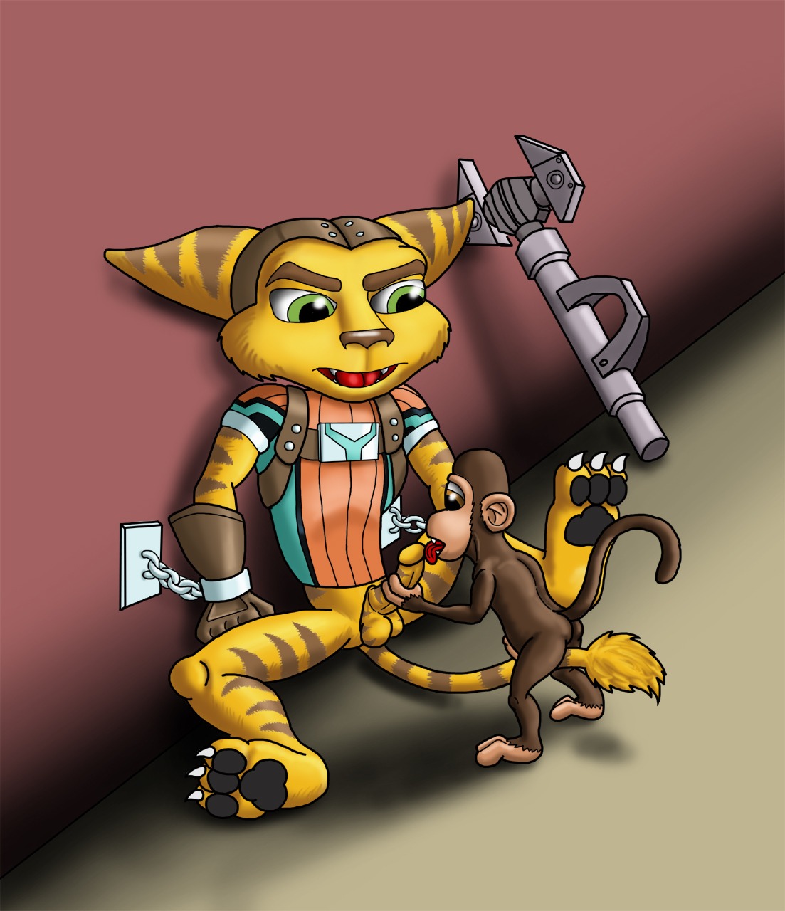 2011 2boys ass balls brown_eyes cobra_mcjingleballs erection gay green_eyes handcuffs haplorhine male male_only monkey penis primate prisoner ratchet_(ratchet_and_clank) ratchet_and_clank rule34 size_difference skrunch_(ratchet_and_clank) tail video_games wrench