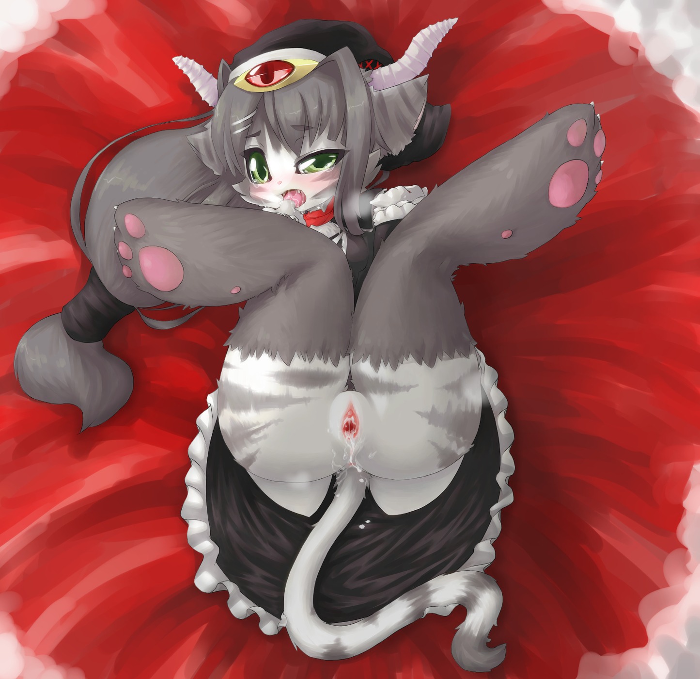 anthro anus barely_visible_breasts bed biped blush bodily_fluids breasts chipar clothing domestic_cat dress e621 felid feline felis female furniture genital_fluids genitals green_eyes hair hi_res kemono looking_at_viewer lying maid_uniform mammal open_mouth paws presenting solo spread_legs spreading tail tears tongue tongue_out uniform unknown_species vaginal_fluids vulva wet young young_anthro young_female