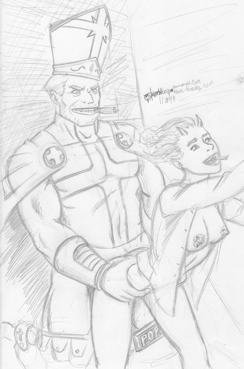 battle_pope battlepope black_and_white callie_maggotbone cigar crossover female korblborp pope_oswald rule34 ugly_americans
