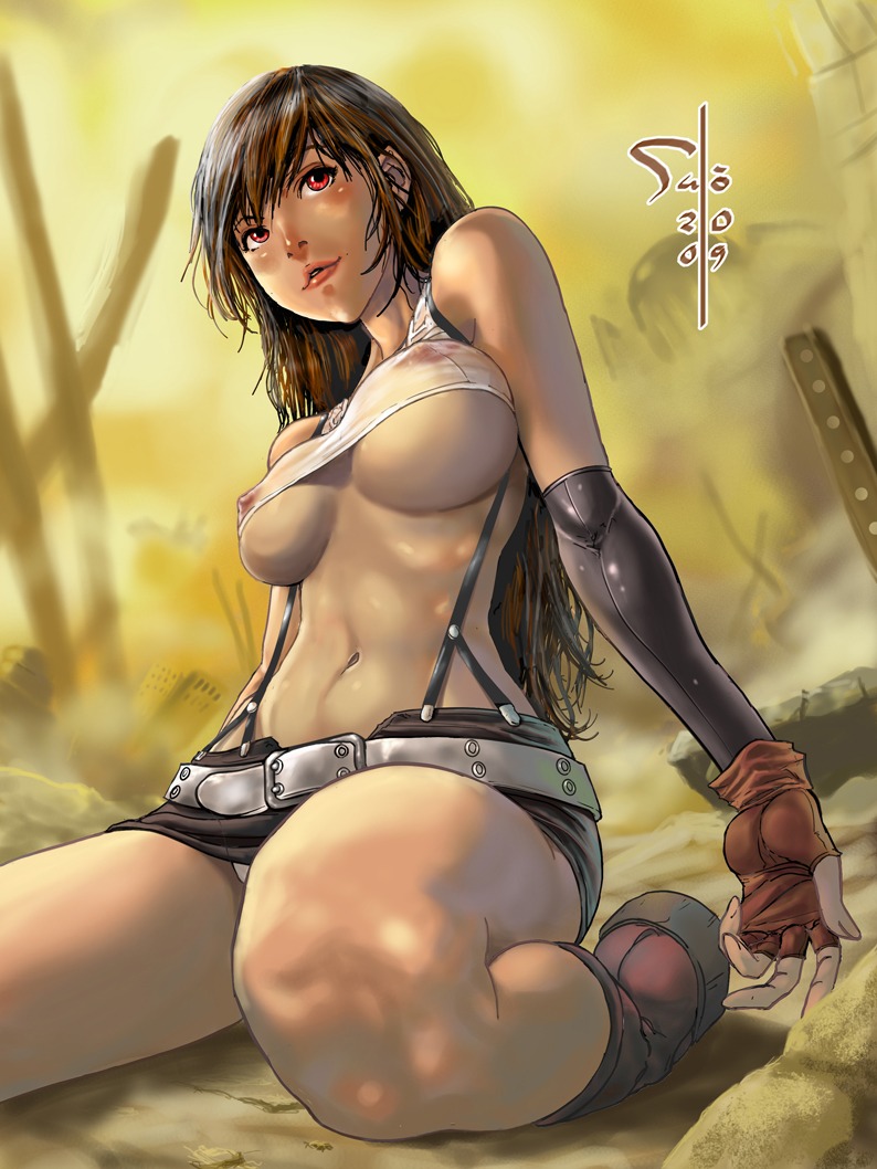 artist_request belt blush boots brown_hair erect_nipples female final_fantasy final_fantasy_vii fingerless_gloves gloves long_hair midriff nipples red_eyes rule34 see-through sitting suspenders tank_top tifa_lockhart