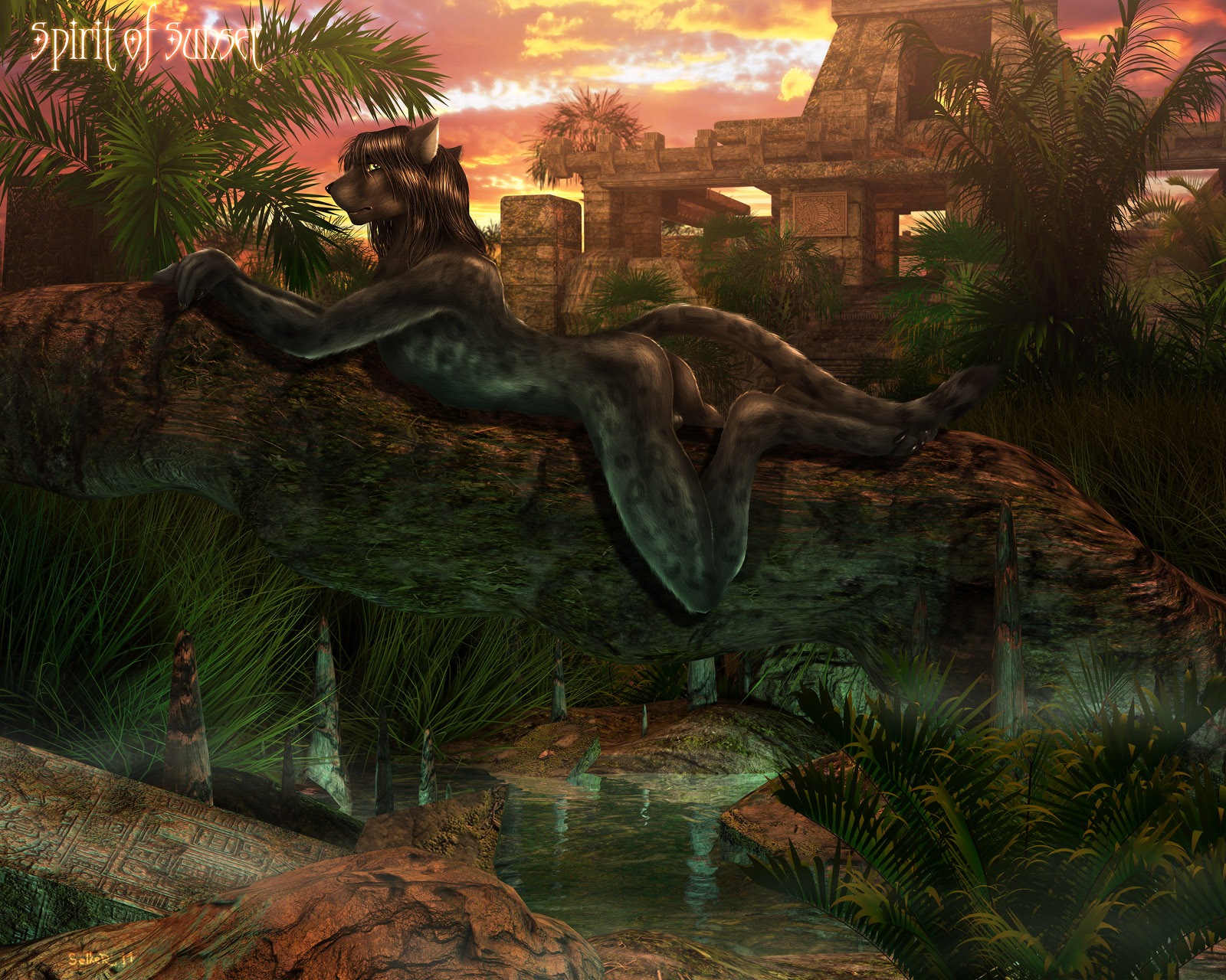2011 3d_(artwork) 3d_background 5:4 anthro backsack balls black_body black_claws black_fur black_hair black_nose black_spots butt casual_nudity claws cloud detailed_background digital_media_(artwork) e621 evening fantasy felid fern forest fur genitals grass green_eyes hair hi_res looking_at_viewer lying male mammal markings mayan melanistic mesoamerican_architecture mixed_media nude on_front outside pantherine plant pose ruins scenery selker selker_ari signature sky solo spots spotted_body spotted_fur stairs stalagmite sunset tail toe_claws tree water wood