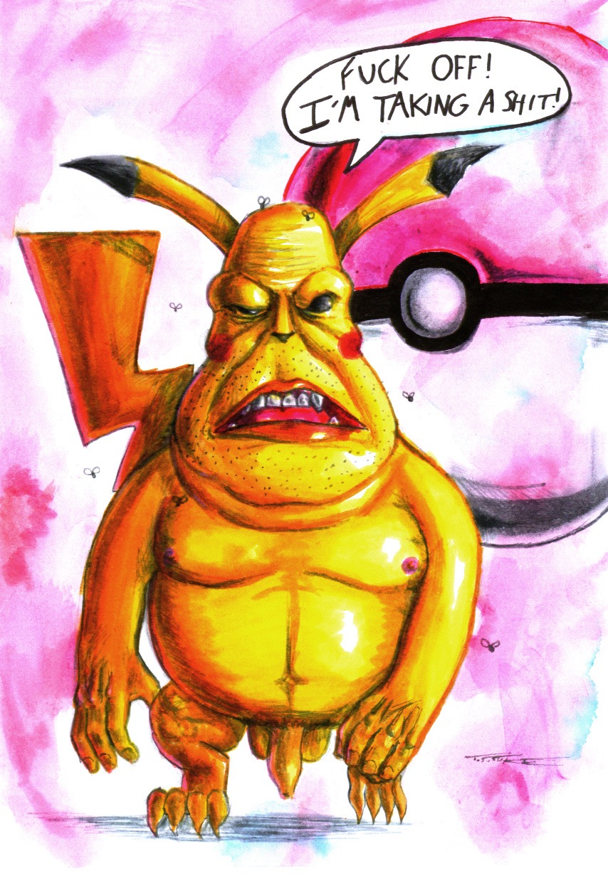 color english_text front_view fur male male_only nintendo nipples nude penis pikachu poke_ball pokemon rule34 solo speech_bubble tagme text walking what