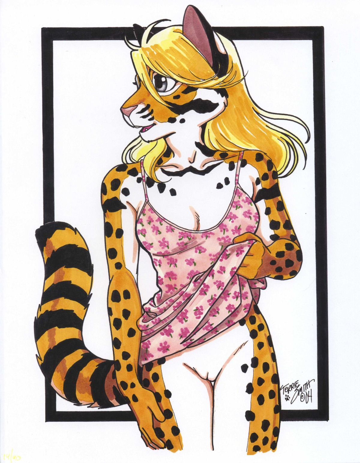 anthro blonde_hair bottomless breasts clothes cute_fang dress face_markings feline female fur furry geoffrey's_cat grey_eyes hair high_resolution long_hair mammal ocelot open_mouth pussy rule34 sassy skirt_lift solo spots tail terrie_smith