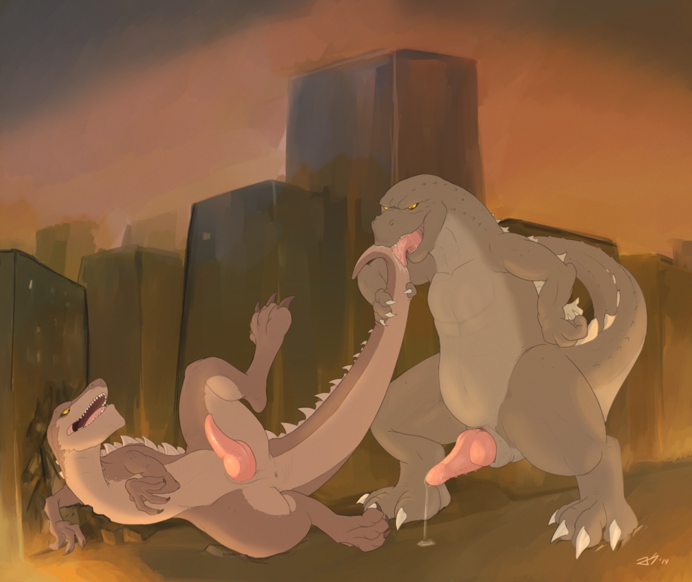 2014 animal_genitalia anus bald bodily_fluids building butt city claws cum cum_on_ground cum_on_penis cum_string duo e621 erection feet feral feral_on_feral genital_fluids genital_slit genitals godzilla godzilla_(series) half-closed_eyes hi_res imminent_rape imminent_sex jetshark kaiju knot licking lying macro male male/male monster muscular narrowed_eyes nude on_side outside pecs penis presenting presenting_hindquarters public raised_leg rape_face reptile scalie sharp_teeth slightly_chubby spikes spread_legs spreading tail tail_fetish tail_lick tail_play teeth thick_tail toe_claws toho tongue tongue_out zilla
