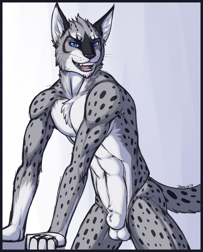 abs animal_genitalia anthro balls biceps biped black_body black_fur black_nose blue_eyes chest_tuft e621 fangs felid feline feralise fully_sheathed fur genitals grey_body grey_fur grin looking_at_viewer lynx male mammal markings muscular muscular_anthro muscular_male nude open_mouth pecs pose presenting sheath smile solo spots standing teeth tongue tuft white_body white_fur