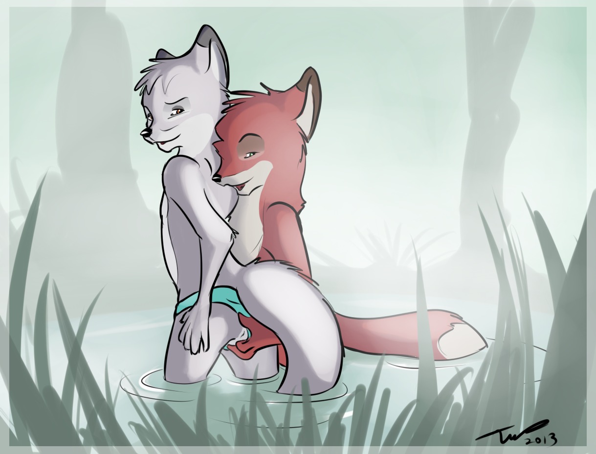 2013 anthro anus canid canine clothed clothing clothing_aside digital_media_(artwork) dominant dominant_male duo e621 fox from_behind_position fur grope imminent_sex male male/male mammal nude outside panties panties_aside sex submissive submissive_male swamp topless tuke underwear underwear_aside water wet white_body white_fur young young_anthro