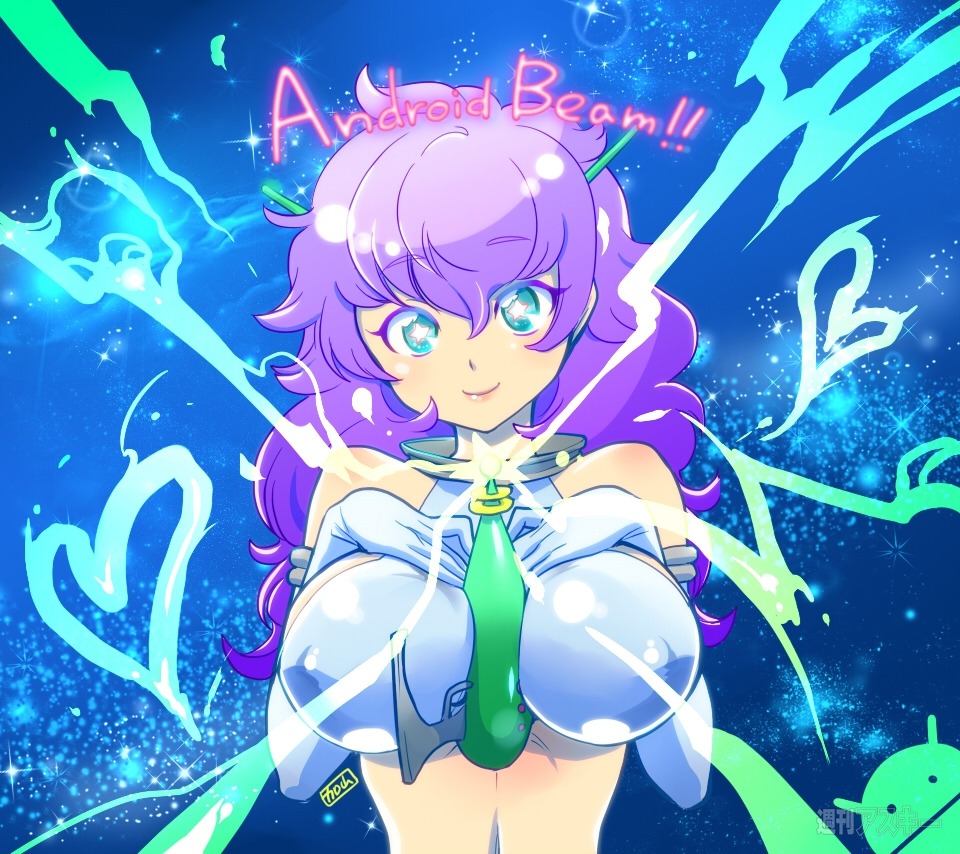 1girls android_(os) blue_eyes breasts crop_top female galaxy hana_no_android_gakuen nipples purple_hair rule34 samsung sexually_suggestive smile space yamaguchi_hiromi