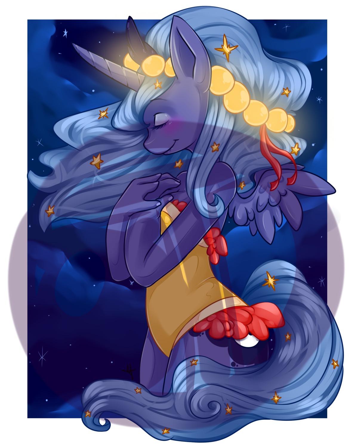 2012 4:5 absurd_res anthro anthrofied biped blue_body blue_feathers blue_fur blue_hair blush breasts clothed clothing cloud cutie_mark distracting_watermark dress e621 equid equine eyes_closed feathered_wings feathers female friendship_is_magic fur hair hasbro hi_res horn long_hair mammal my_little_pony mythological_creature mythological_equine mythology night outside princess_luna_(mlp) sky solo standing star tail tiki_san watermark winged_unicorn wings