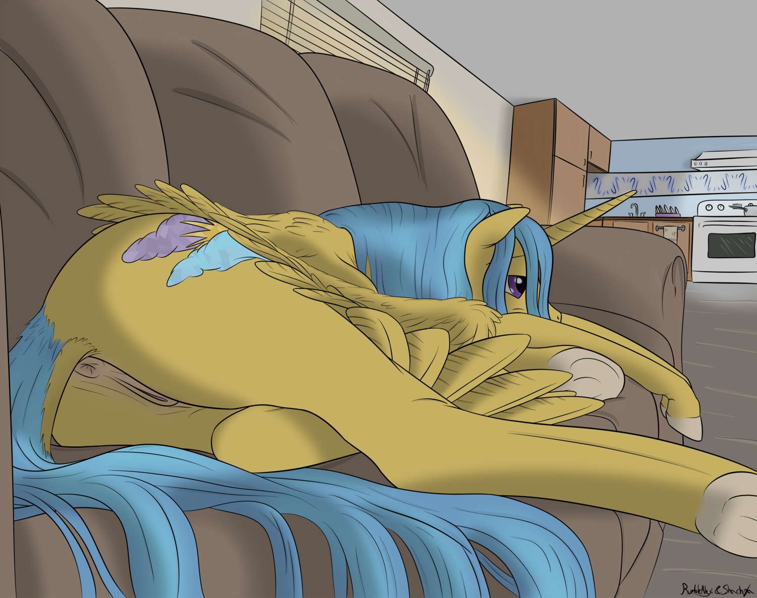2014 absurd_res anatomically_correct anatomically_correct_genitalia anatomically_correct_vulva animal_genitalia animal_vulva anus appliance blinds blue_hair cutie_mark e621 equid equine equine_genitalia equine_vulva fan_character feathered_wings feathers female feral fur furniture genitals hair hasbro hi_res hooves horn inside kitchen_appliance lazy lying mammal my_little_pony mythological_creature mythological_equine mythology oven purple_eyes rumblealex shachza sink sofa solo underhoof vulva wallpaper winged_unicorn wings yellow_body yellow_fur