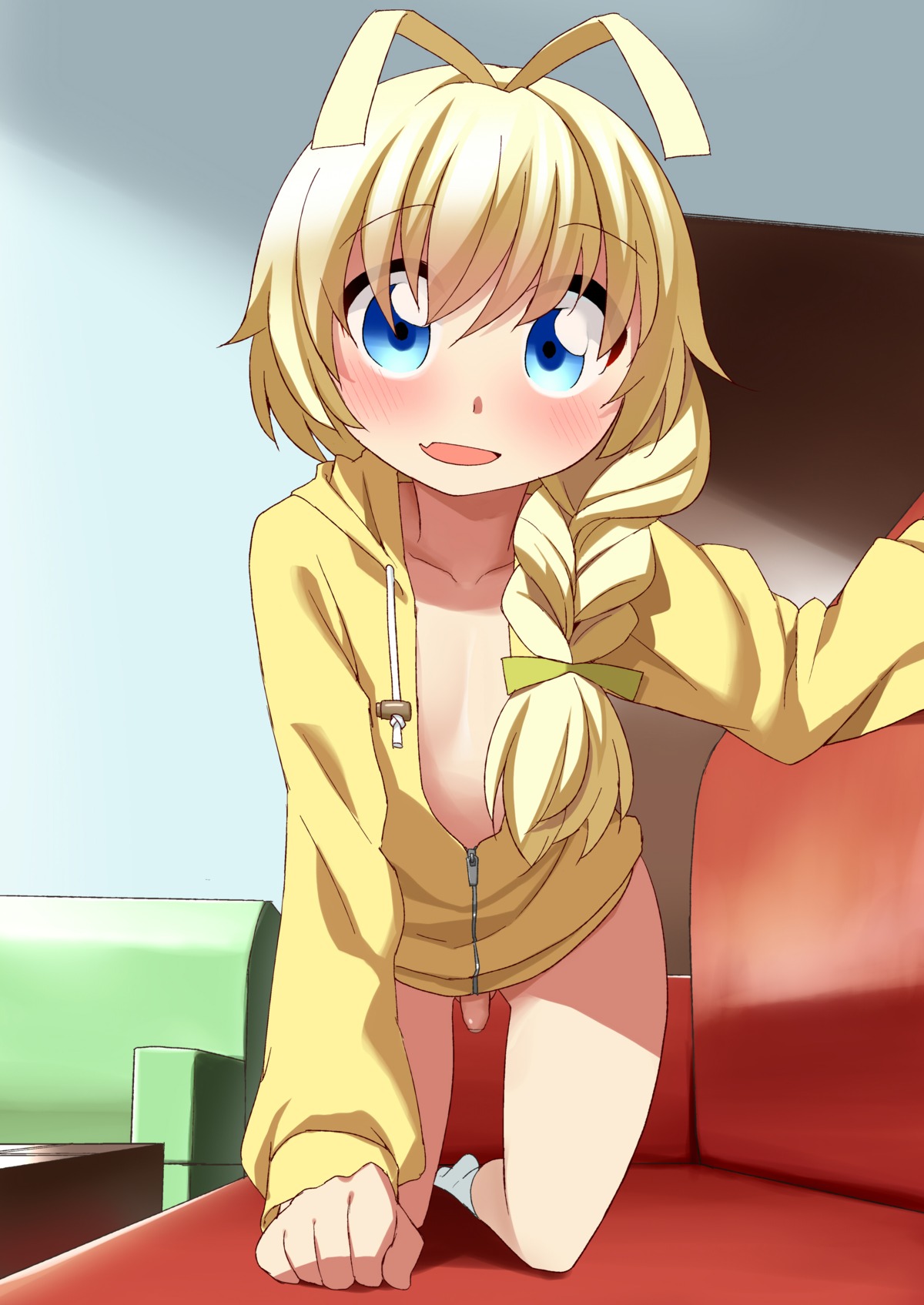 1boy ahiruaoba ahoge all_fours androgynous antenna_hair blonde_hair blue_eyes blush bottomless braid crossdressing femboy girly haiyore!_nyaruko-san hastur_(nyaruko-san) high_resolution hoodie long_hair looking_at_viewer male male_only naked_hoodie open_clothes open_mouth penis ponytail rule34 single_braid small_penis smile solo tied_hair tiny_penis trap white_skin