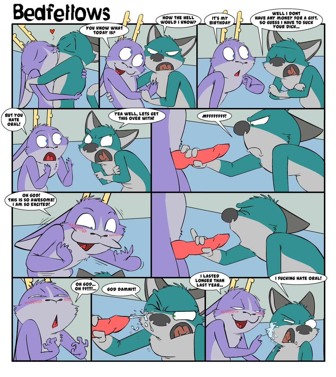 anthro antlers bedfellows bodily_fluids canid canine canis comic cum cum_on_face cumshot dialogue domestic_cat domestic_dog duo e621 ejaculation english_text erection fatigue_(bedfellows) felid feline felis fellatio french_kissing fur genital_fluids genitals grey_body grey_fur heart_symbol hi_res horn humor hybrid jackalope kissing knot lagomorph male male/male male_penetrated male_penetrating male_penetrating_male mammal multiple_scenes oral orgasm penetration penile penis premature_ejaculation purple_body purple_fur sex sheen_(bedfellows) shenanigans text