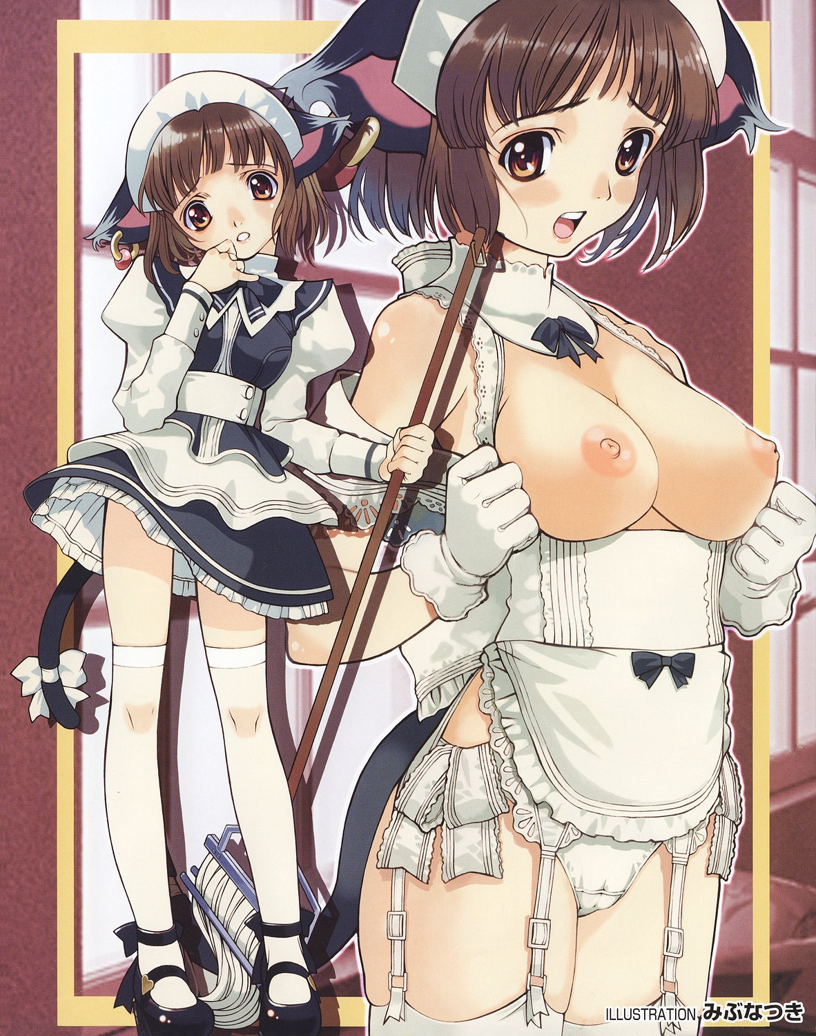 animal_ears brown_eyes brown_hair cat_ears female kemonomimi knee_socks maid mop oppai panties rule34 tagme tail