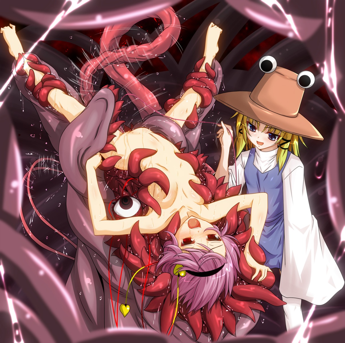 all_three_holes anal arched_back barefoot blonde_hair blue_eyes female female_urethral_insertion fumihiro hat highres multiple_females multiple_girls nude purple_hair pussy rape red_eyes rule34 satori_komeiji short_hair spread_legs stomach_bulge suwako_moriya sweat tentacle touhou upside-down urethral_insertion vaginal_penetration vaginal_urethral_insertion