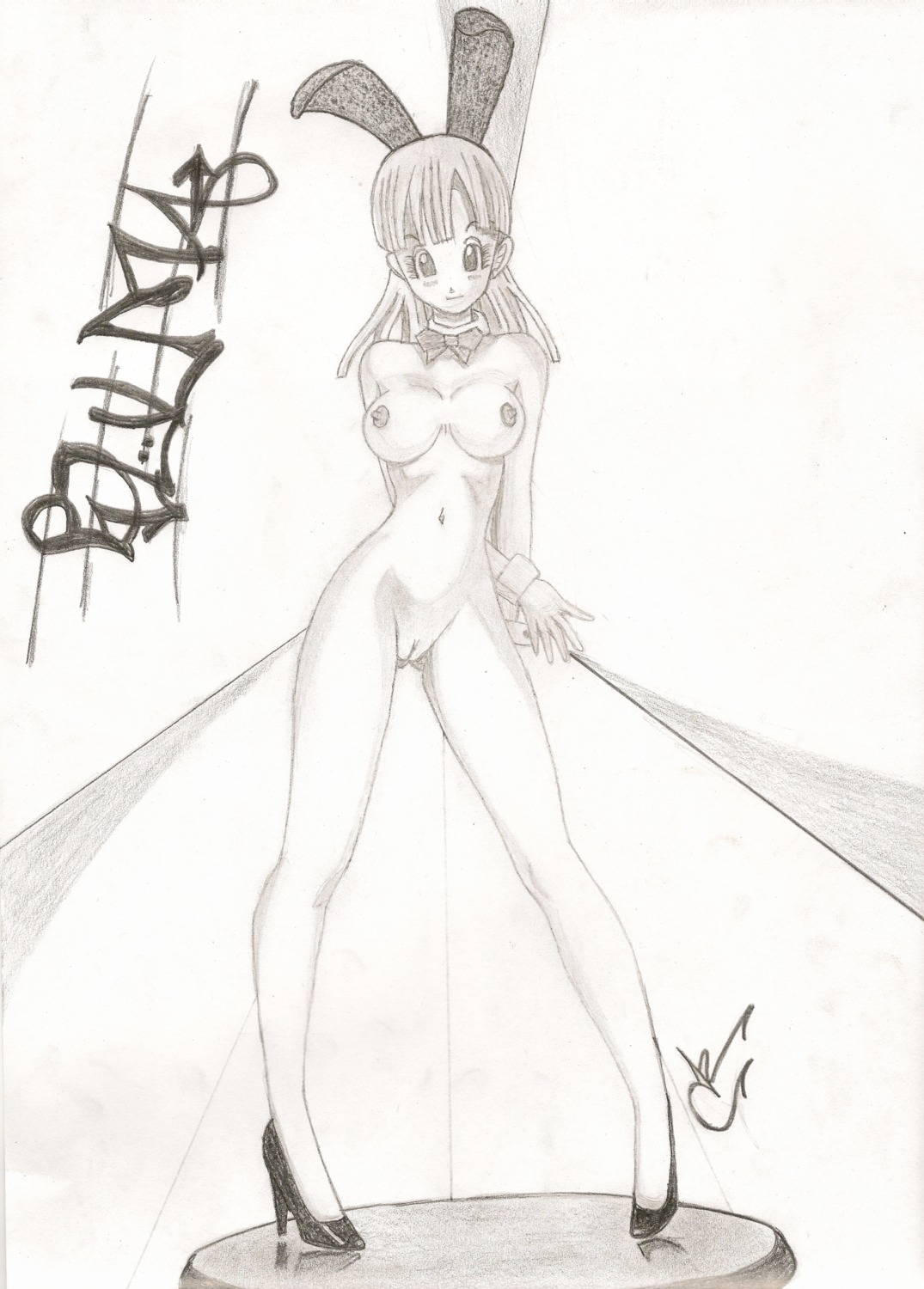 1girls animal_ears bowtie breasts bulma_(bunny) bulma_briefs bunny_costume bunny_ears detached_collar dragon_ball female female_only high_heels highres human monochrome naked_footwear nude reiaya_(artist) rule34 solo straight_hair teenager wrist_cuffs