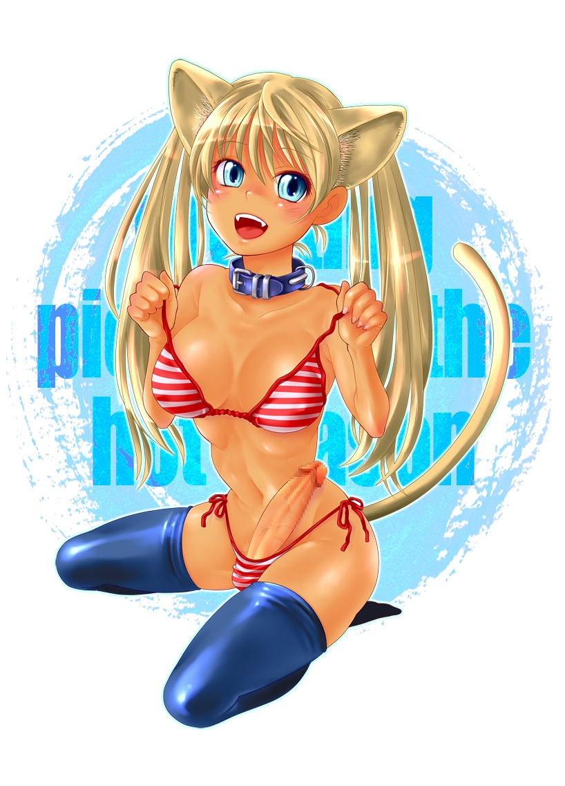 1futa animal_ears bikini blue_eyes breasts cat_ears cat_tail censored copyright_request fangs fur futanari guri_(bluedrop) hands intersex large_breasts long_hair open_mouth penis rule34 solo solo_futa swimsuit tail thighhighs tied_hair twintails