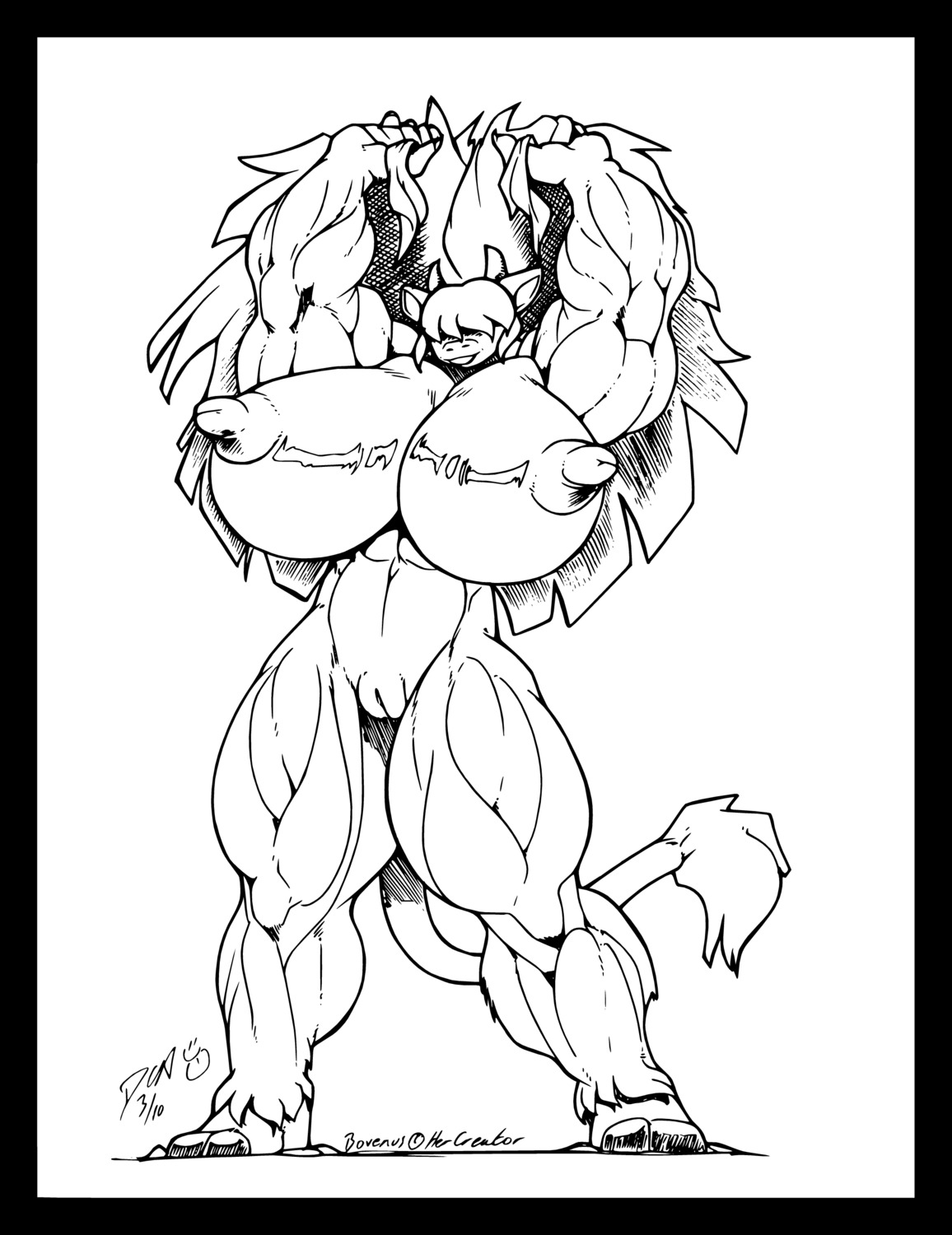 absurd_res anthro big_breasts black_border border bovenus bovid bovine breasts e621 female genitals hi_res horn huge_breasts hyper hyper_breasts mammal monochrome muscular muscular_anthro muscular_female nipples nude simple_background smile solo strangerataru vulva