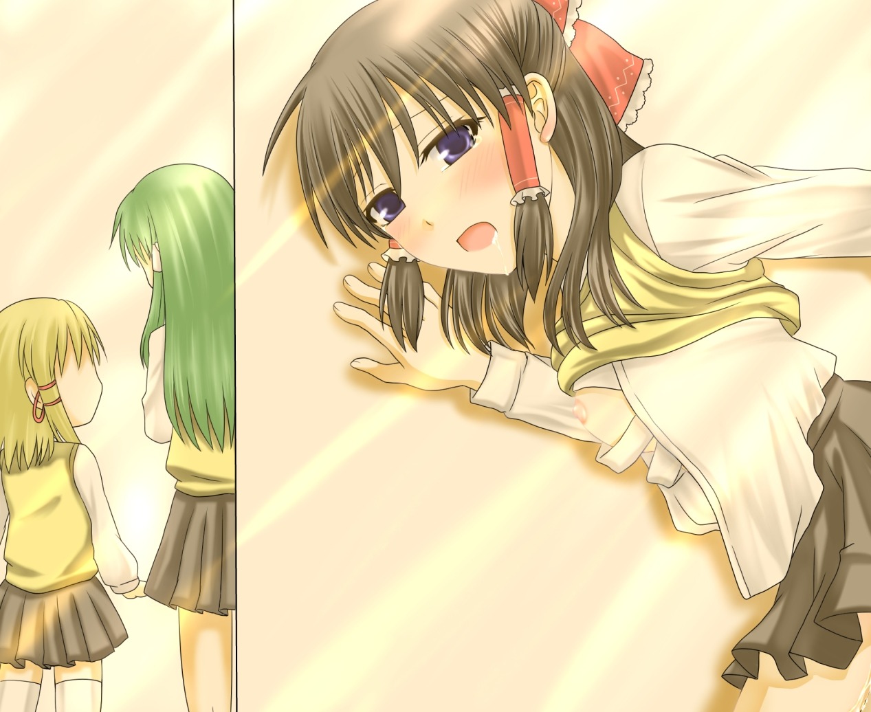 941 blonde_hair blue_eyes blush brown_hair female green_hair human long_hair multiple_females multiple_girls open_mouth reimu_hakurei rule34 sanae_kochiya suwako_moriya thighhighs touhou