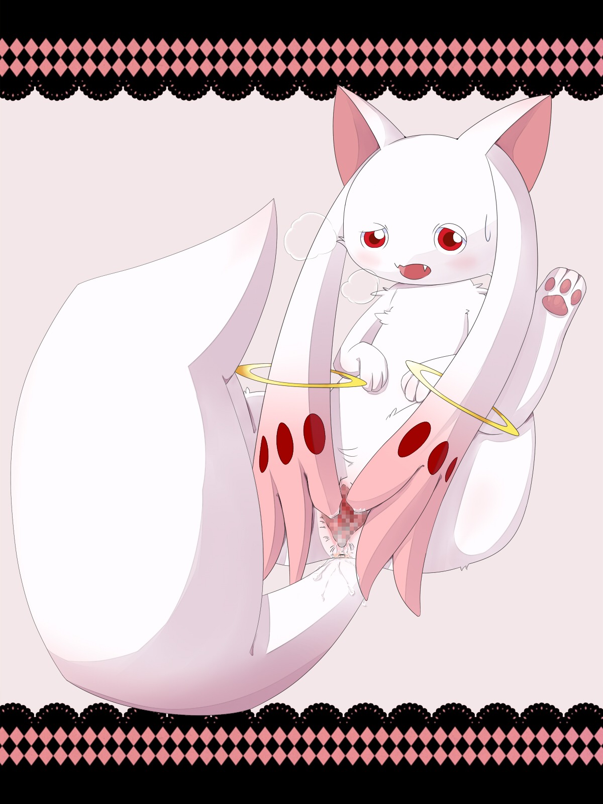 3:4 anus big_tail blush bodily_fluids censored chest_tuft domestic_cat e621 felid feline felis female feral fingering fingering_self fur genital_fluids genitals hi_res incubator_(puella_magi) kyubey long_inner_ear_fluff long_tail looking_at_viewer lying mammal masturbation on_back open_mouth pawpads paws prehensile_ears presenting puella_magi puella_magi_madoka_magica red_eyes ring solo spread_vulva spreading tail teeth tuft vaginal vaginal_fluids vaginal_masturbation vulva watarai_minato