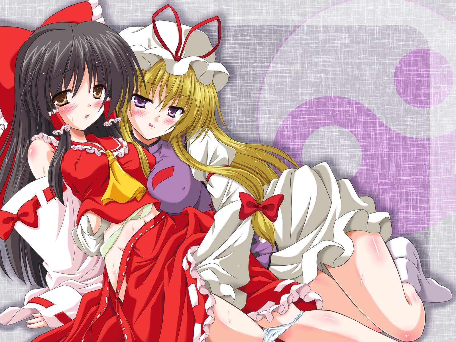 :q black_hair blonde_hair blush bow breasts brown_eyes erect_nipples female highres human long_hair midriff multiple_females multiple_girls navel nipples open_skirt panties panty_pull purple_eyes reimu_hakurei reverse_noise ribbon rule34 sarashi tongue touhou underwear yamu_(reverse_noise) yukari_yakumo yuri
