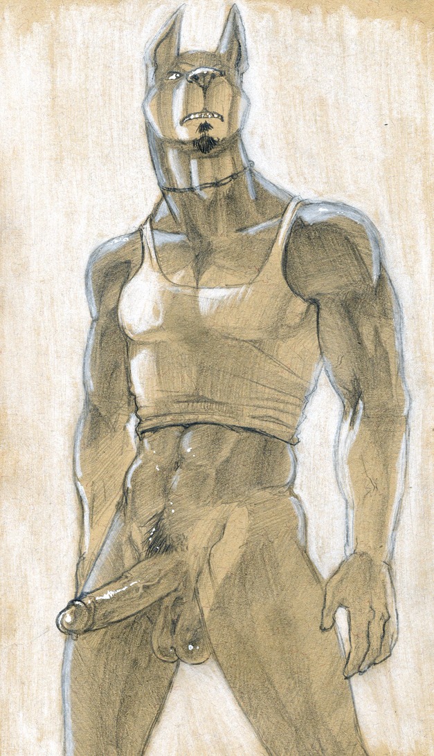 2011 abs anthro balls beard biceps big_muscles big_penis biped bodily_fluids bottomless canid canine canis claws clothed clothing dobermann domestic_dog dripping e621 erection facial_hair fangs foreskin frown fur genital_fluids genitals goatee graphite_(artwork) hair humanoid_genitalia humanoid_penis jewelry male mammal manly monochrome muscular muscular_anthro muscular_male necklace partially_clothed pecs penis pinscher pose precum pubes retracted_foreskin shirt simple_background sketch solo standing tank_top teeth topwear traditional_media_(artwork) tush_(artist) vein